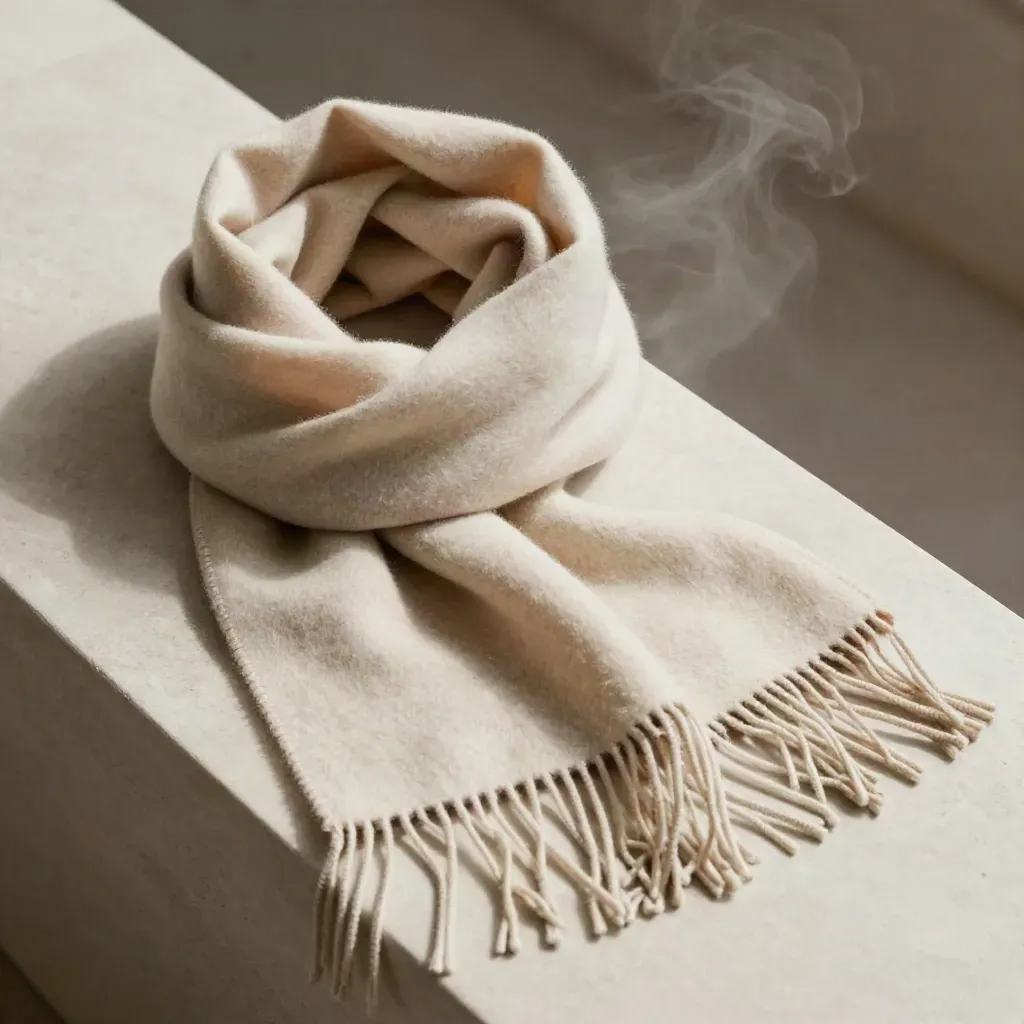 Wool scarf loop sliding on limestone with soft fringe, steam, and warm neutral light.