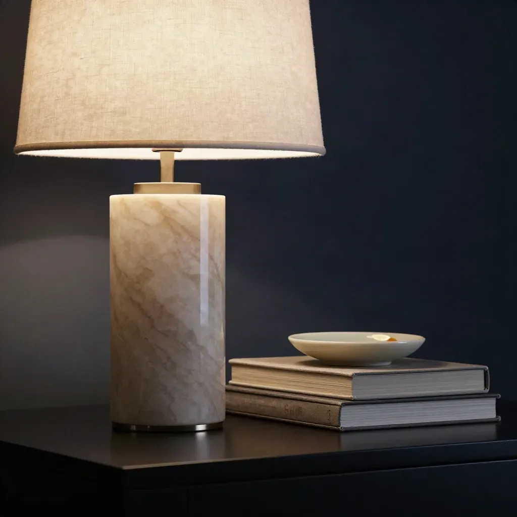 Marble table lamp, ceramic dish and stacked books in a dark premium studio still life.