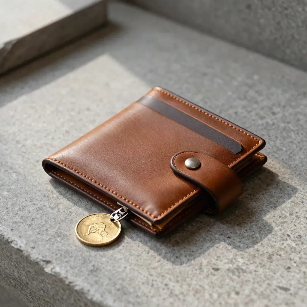 Top-down macro of a slim leather wallet, key ring, coin and card sleeve on stone.
