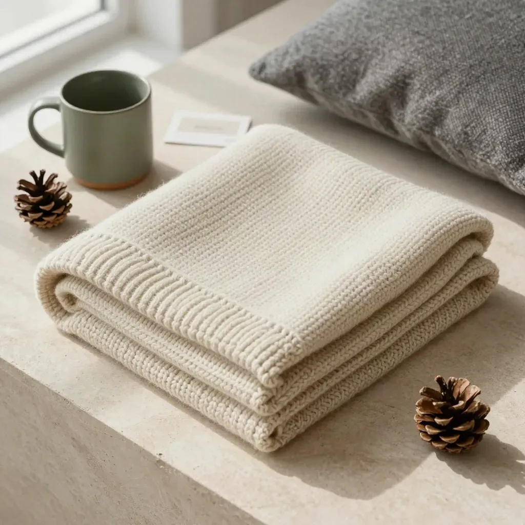 Overhead flatlay of a Nordic knit throw with mug, cushion and pinecone on pale stone.