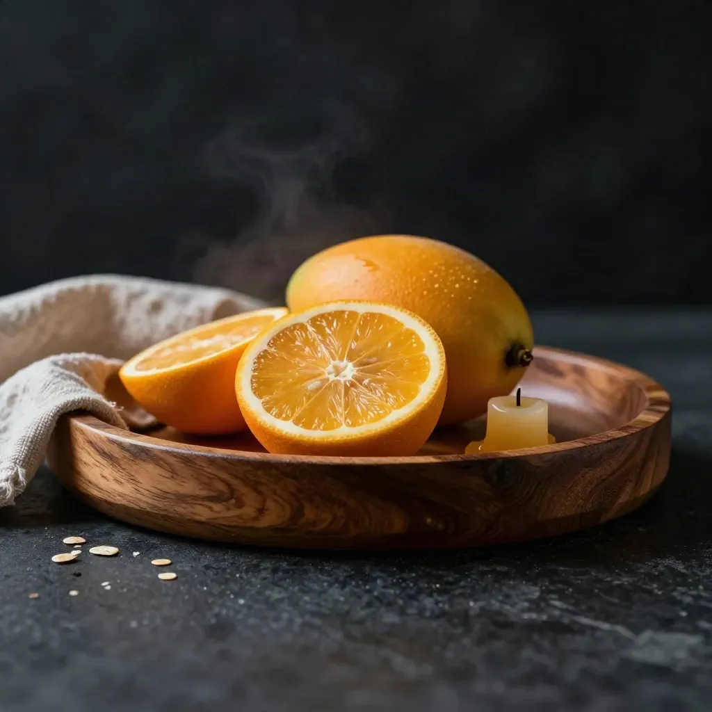 Mango wood tray with citrus, cloth and candle stub in a dark dramatic product shot