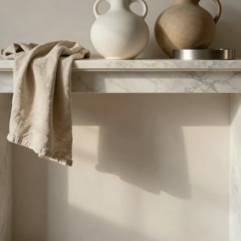 Marble mantle with ceramic forms and linen above a calm plaster space.